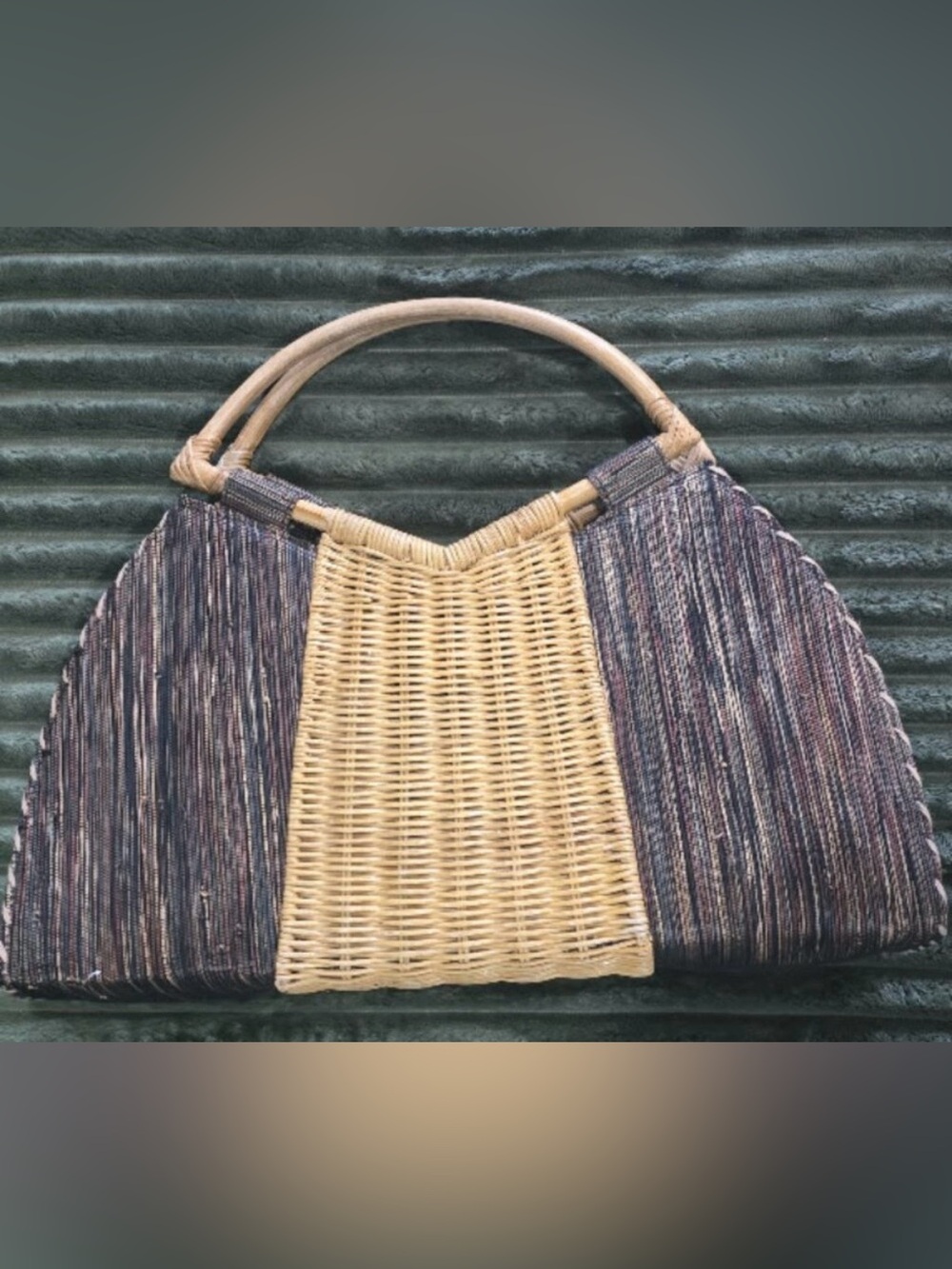 Vintage Wicker Handbag  features prominent bamboo handles - Picture 2 of 8